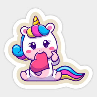 Cute Unicorn Bite Love With Love Sign Hand Cartoon Sticker